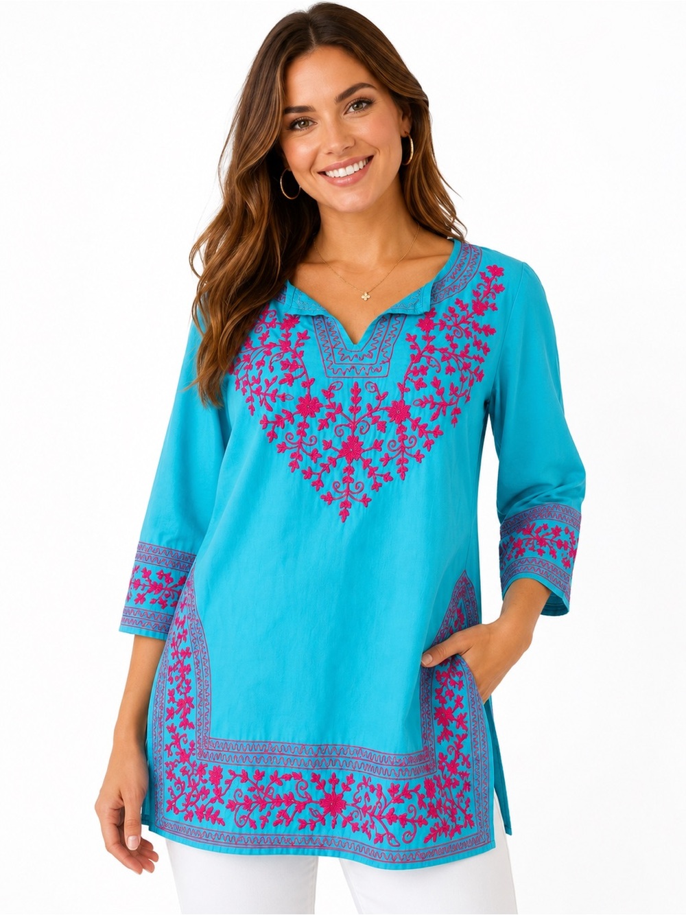 Gretchen Scott Designs Small Turquoise Pink Embroidered Cotton Tunic Top